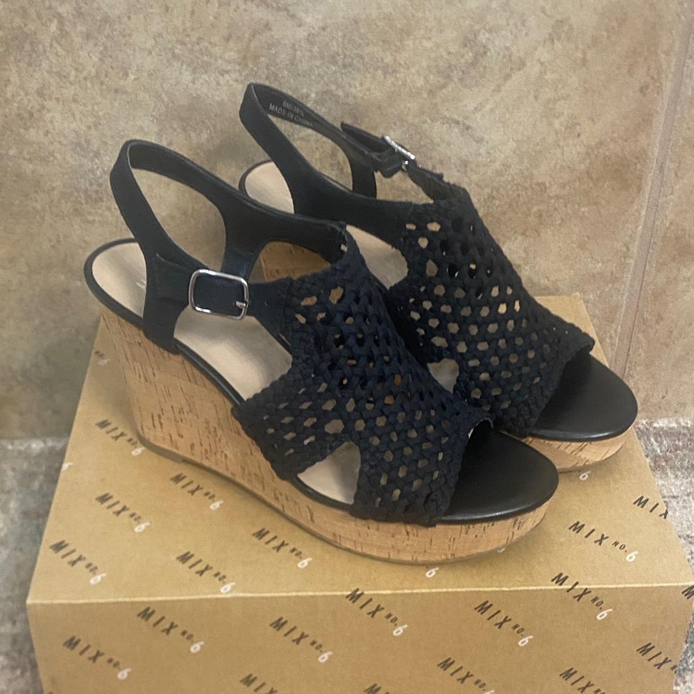 Mix No. 6 Black Crochet Wedge Sandals
